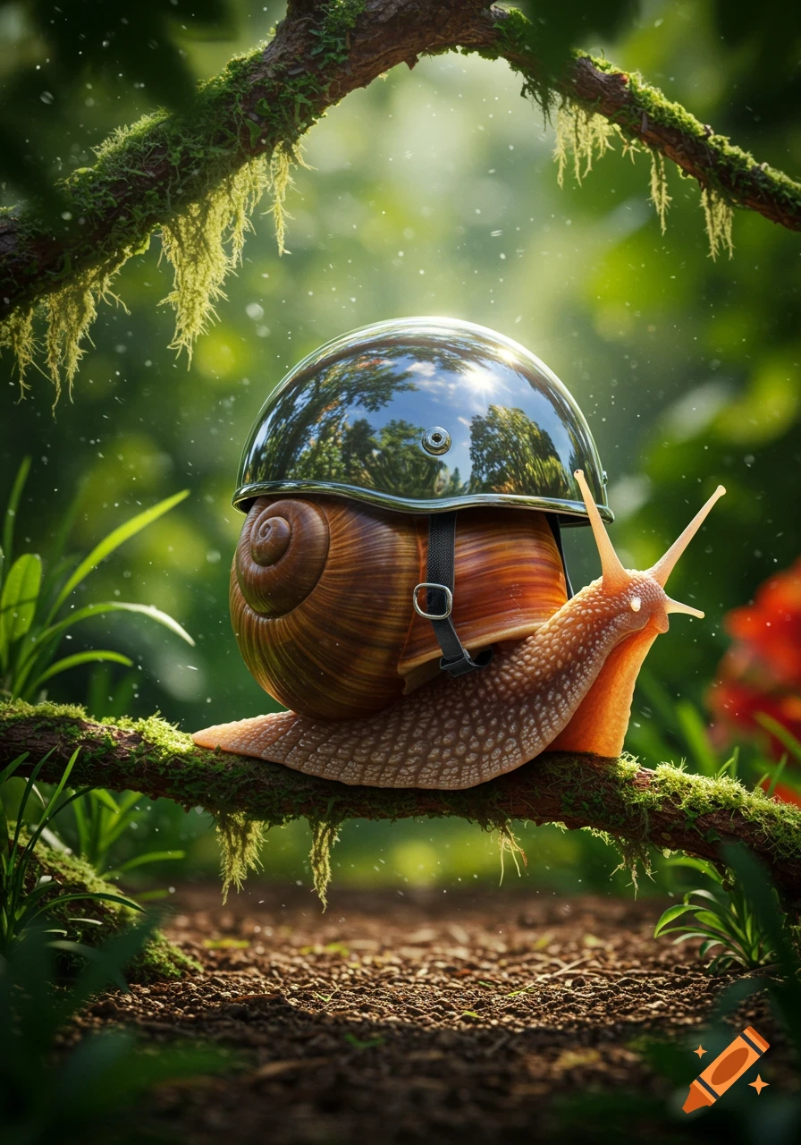A photorealistic snail wearing a shiny motorcycle helmet, crawling on a mossy branch in a sun-dappled forest.