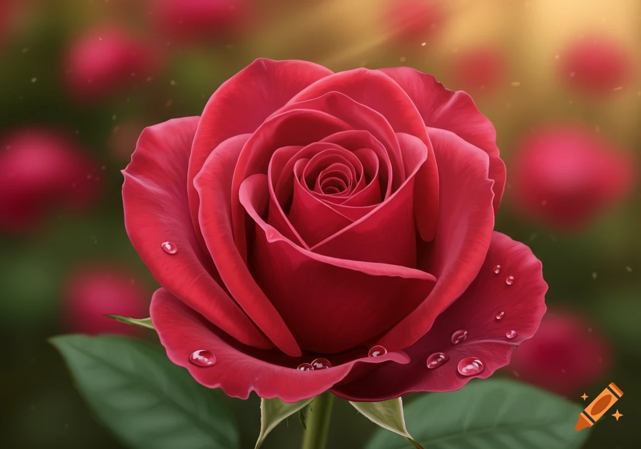 A close-up, photorealistic image of a vibrant red rose with water droplets on its petals, against a blurred green and golden background.