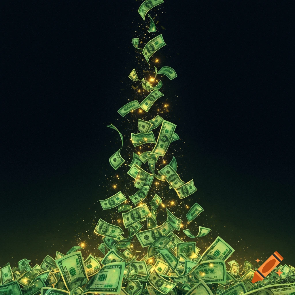 Green dollar bills falling and piling up, illuminated by golden sparkles against a dark background.