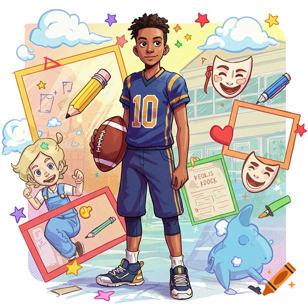 A cartoon illustration of a teenage boy in a blue football jersey holding a football, surrounded by floating elements representing art, drama masks, and a small blue monster.