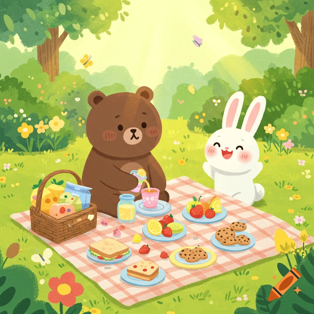 A cheerful cartoon bear and a rabbit are having a picnic in a sunny forest, with food spread on a checkered blanket.