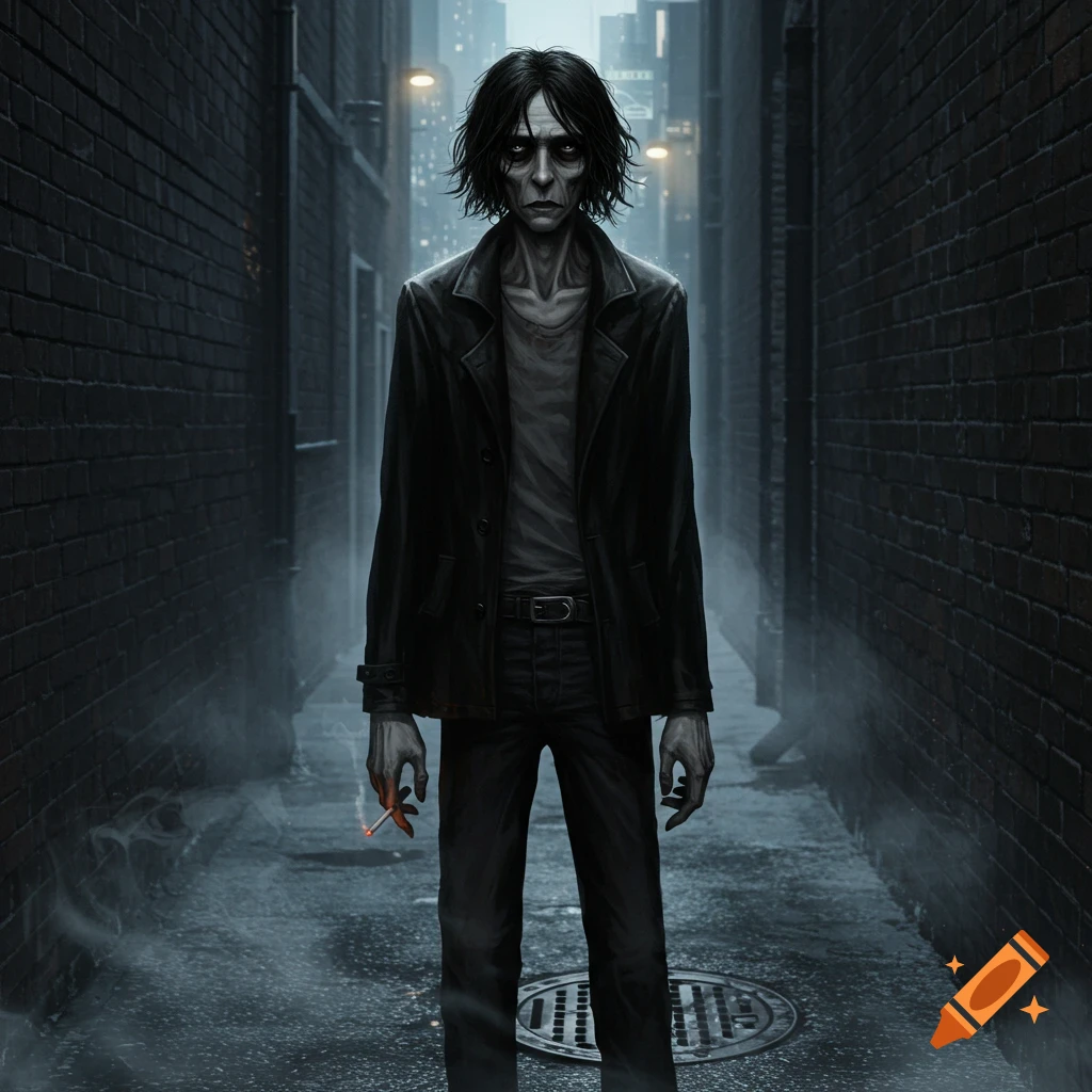 A gaunt, dark-haired man with sunken eyes stands in a misty, dark city alley, holding a cigarette.