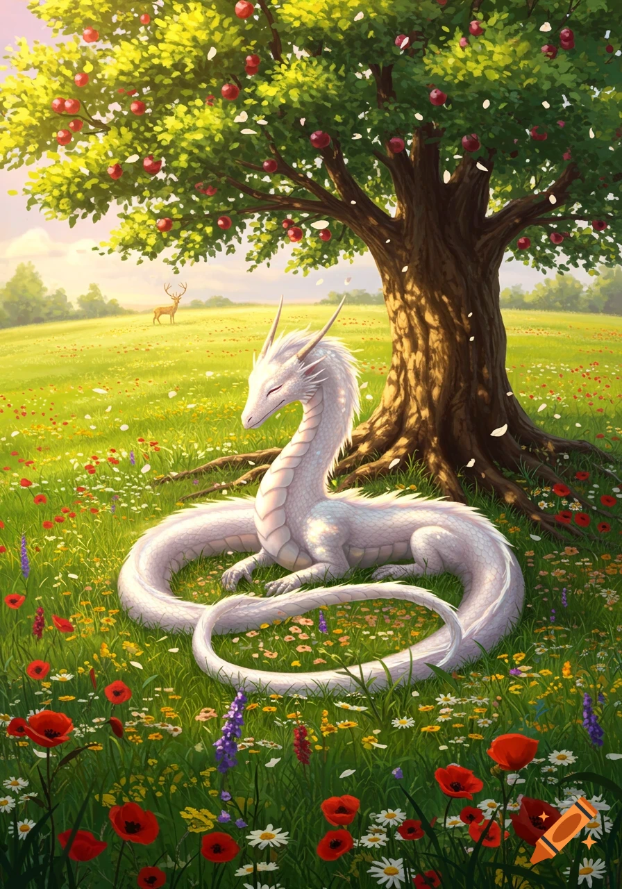 A majestic white dragon lies peacefully under a large apple tree in a vibrant meadow filled with colorful wildflowers, with a deer in the background. Digital illustration.