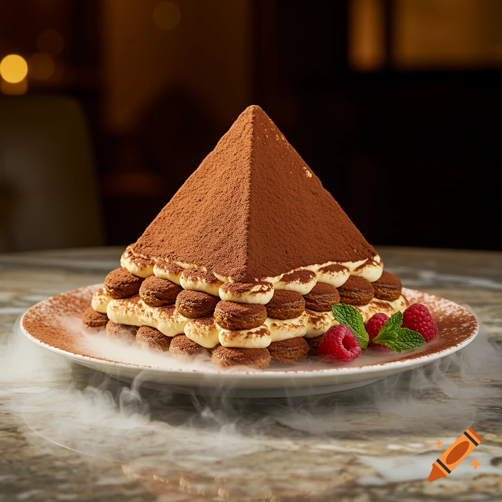 A photorealistic pyramid-shaped tiramisu dessert on a white plate, surrounded by dry ice smoke, garnished with raspberries and mint leaves.