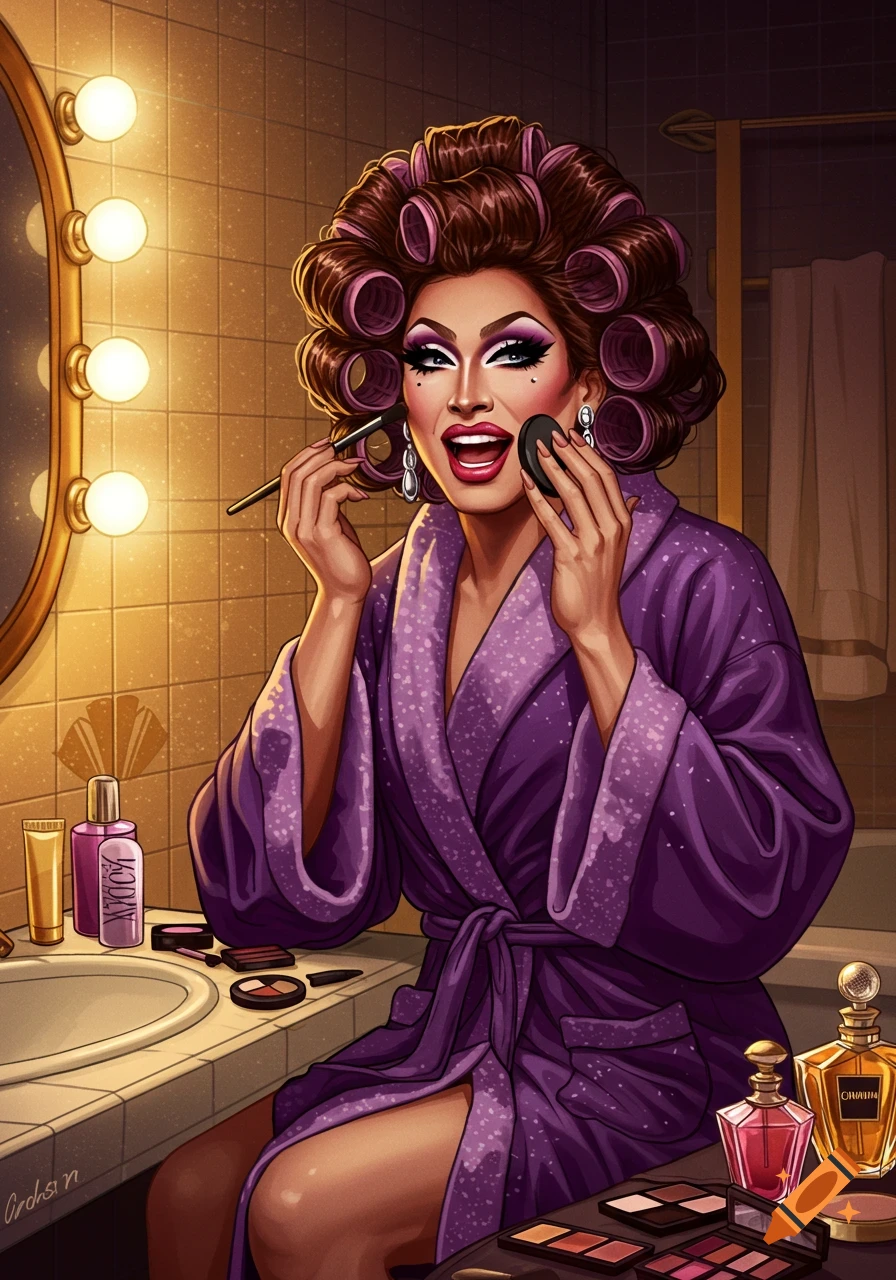 A vibrant illustration of a drag queen in a purple bathrobe and hair rollers applying makeup in a bathroom.