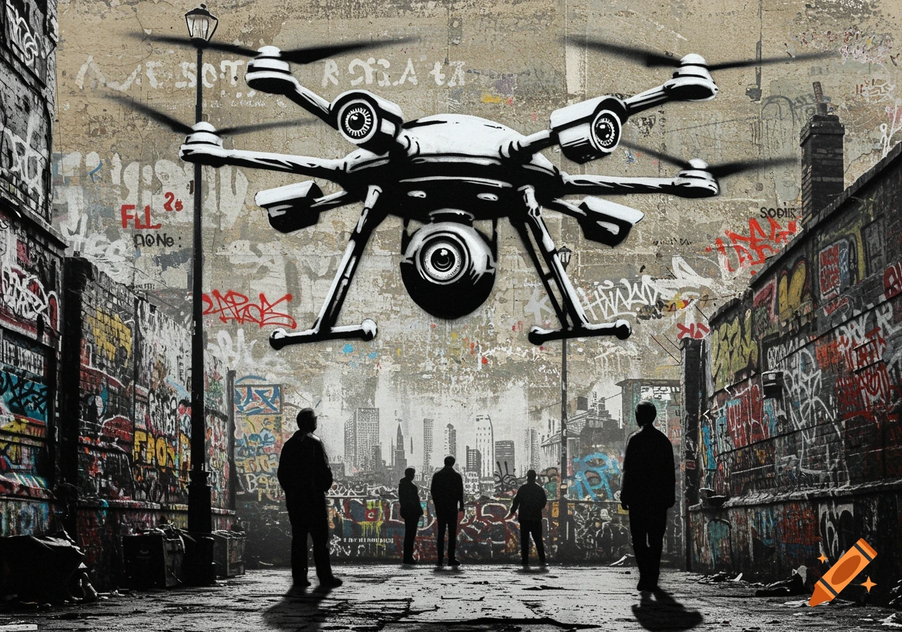 Banksy style stencil of a large drone hovering over silhouetted people in a graffiti-covered urban alley with a city skyline.