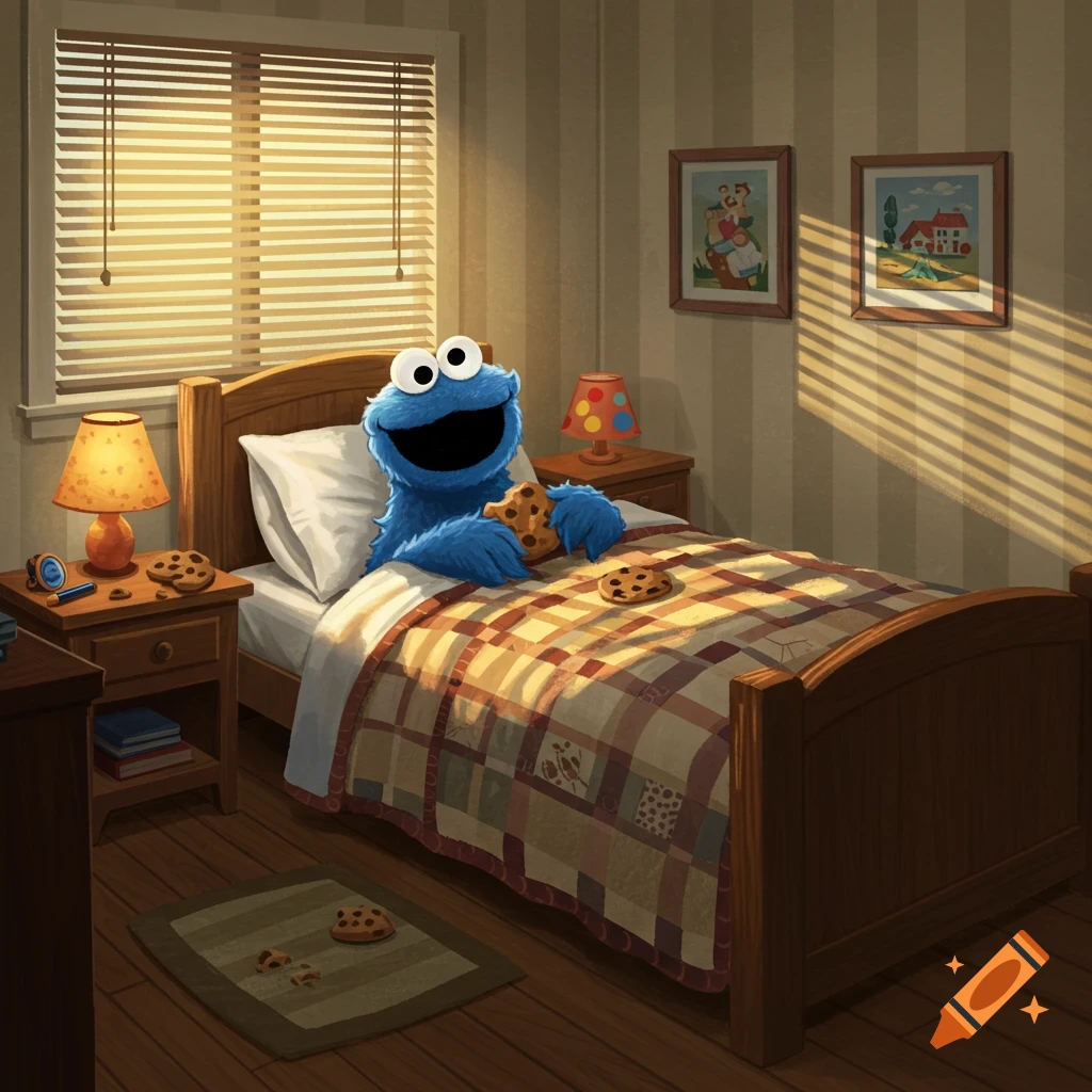 Cookie Monster in a bedroom bed, eating a cookie, with cookies on the nightstand and floor. Warm, illustrative style.