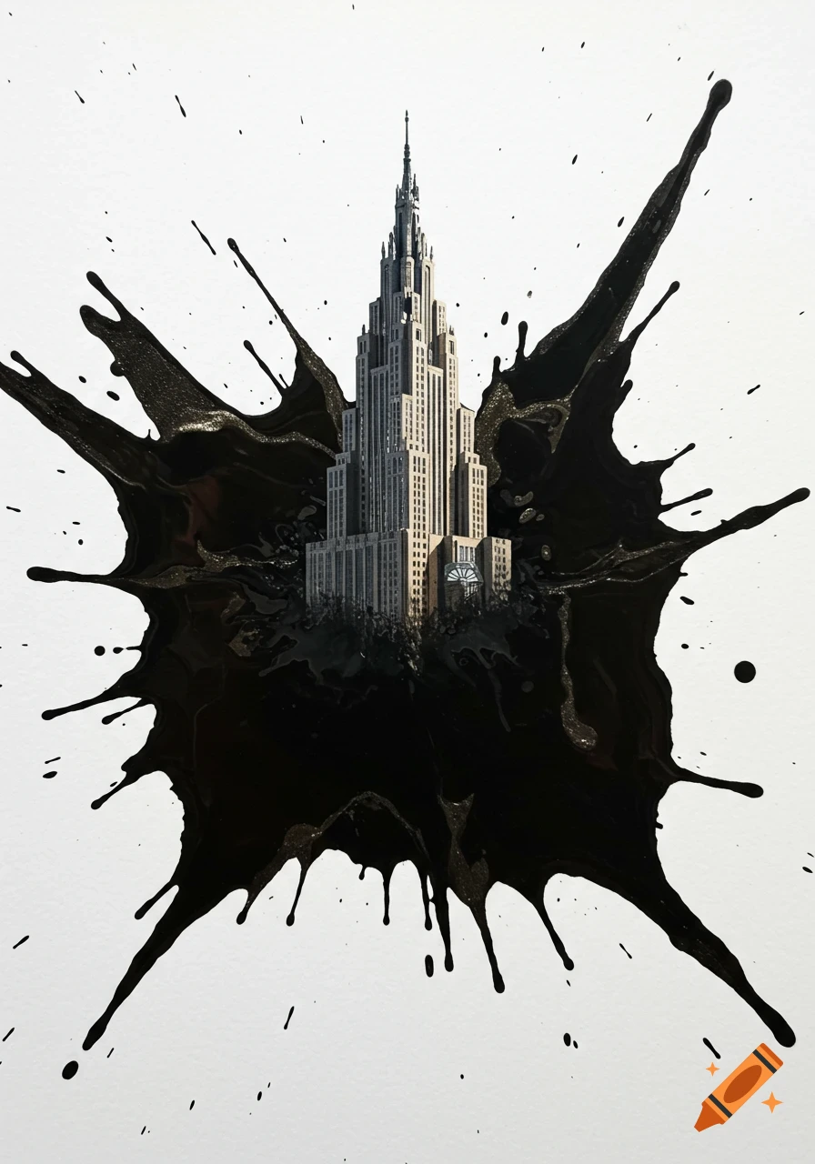 A tall, detailed skyscraper building emerges from a large, black ink splat on a white background in a graphic art style.