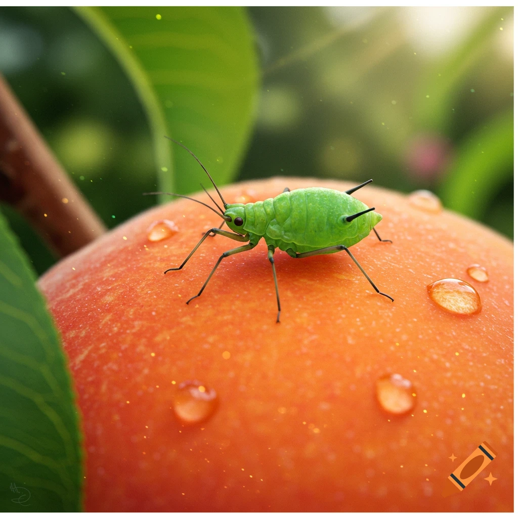 A vibrant green aphid stands on a dew-covered orange peach with a soft green background.