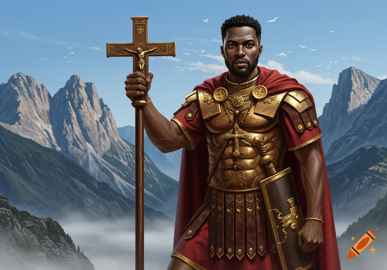 A photorealistic rendering of a Black man in golden Roman armor and a red cape, holding a large crucifix, standing in a misty mountain landscape.
