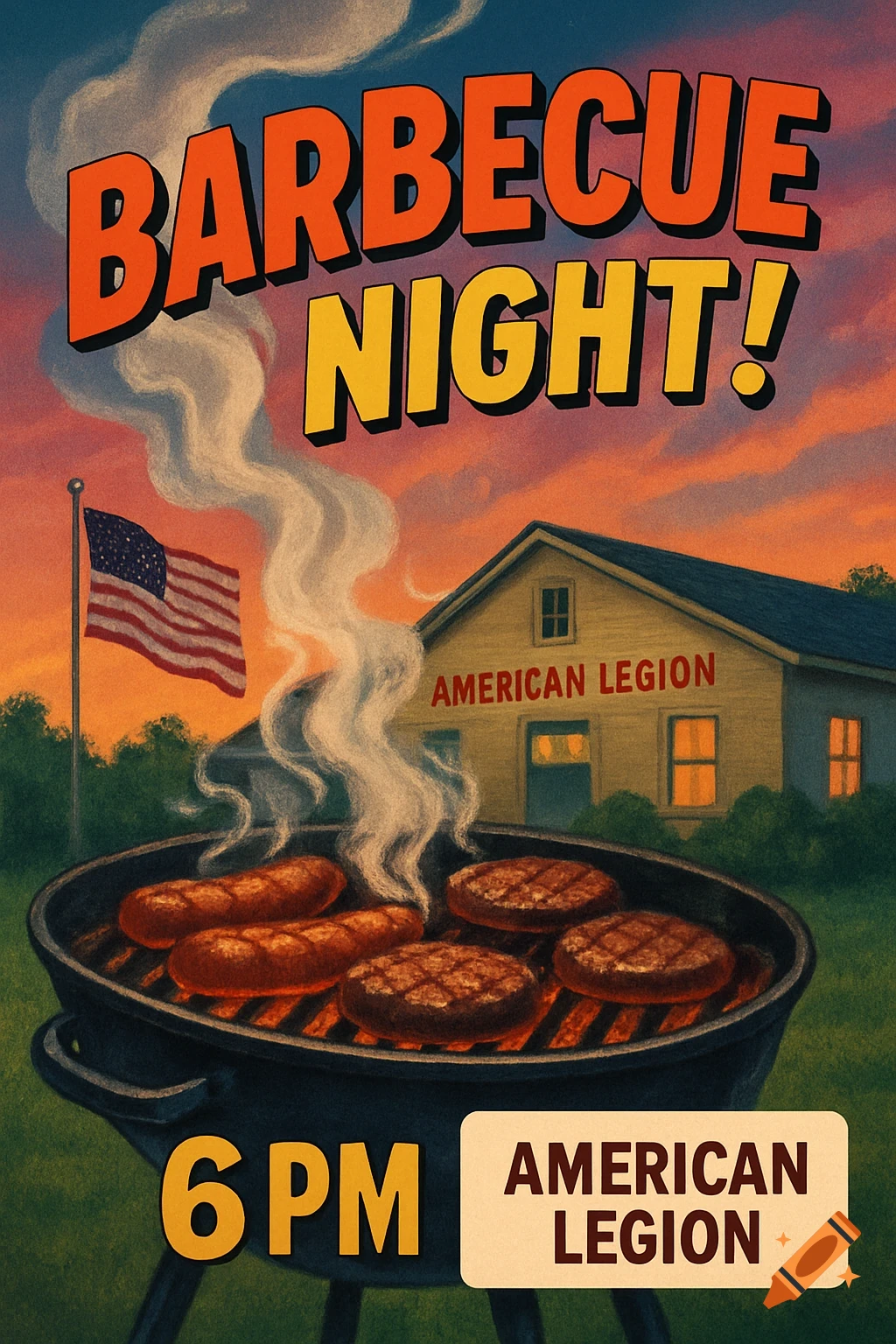 A retro-style poster advertising "BARBECUE NIGHT!" shows a grill with food, an American flag, and an "AMERICAN LEGION" building at sunset. Text includes "6 PM" and "AMERICAN LEGION."
