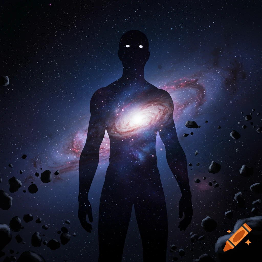 A dark silhouette of a humanoid figure with glowing white eyes, its body filled with a swirling galaxy, against a starry space background with asteroids.