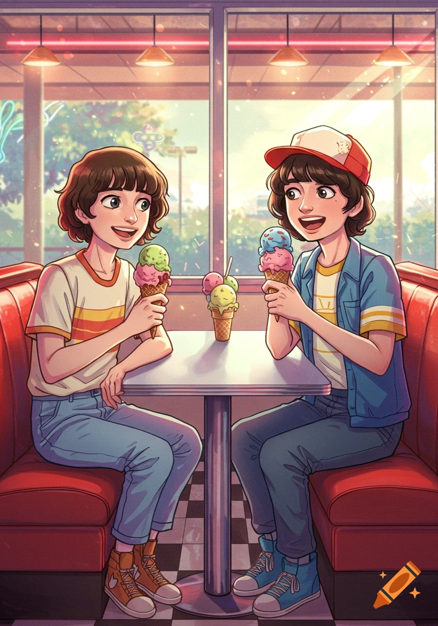 Anime style illustration of Will and Mike from Stranger Things eating ice cream in a diner booth.