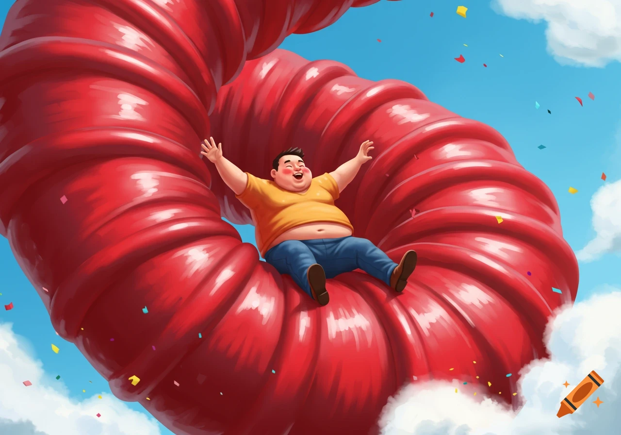 Cartoon illustration of a smiling plump man sliding down a giant red swirling tube under a blue sky with confetti.