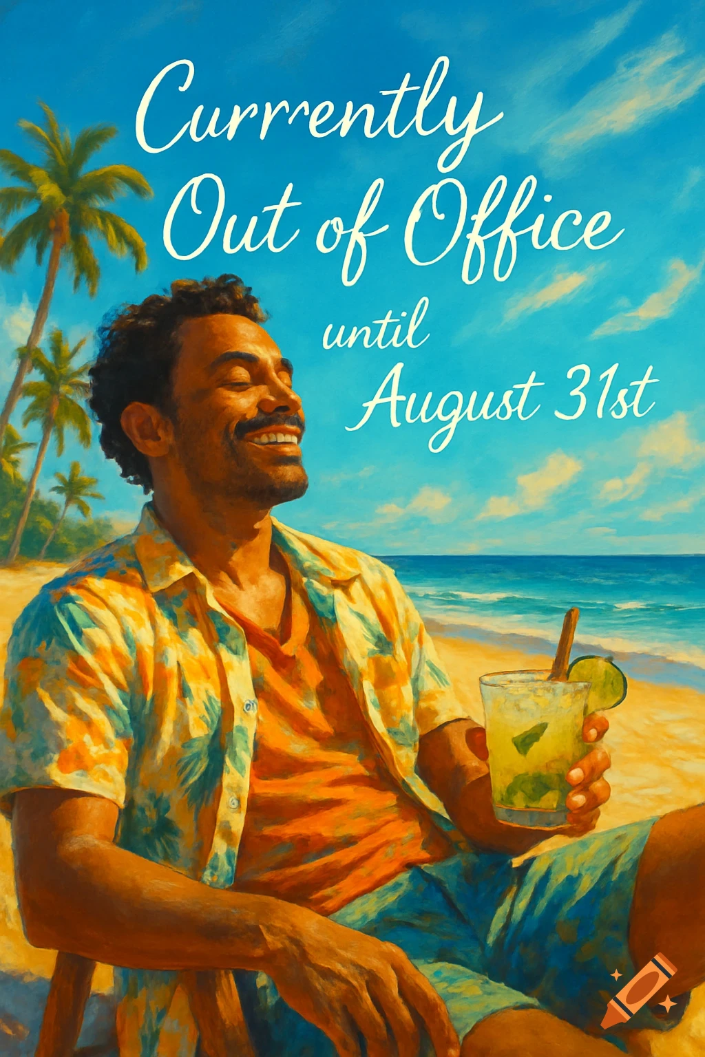 A smiling man in a Hawaiian shirt relaxes on a tropical beach with a drink. Text says "Currently Out of Office until August 31st."