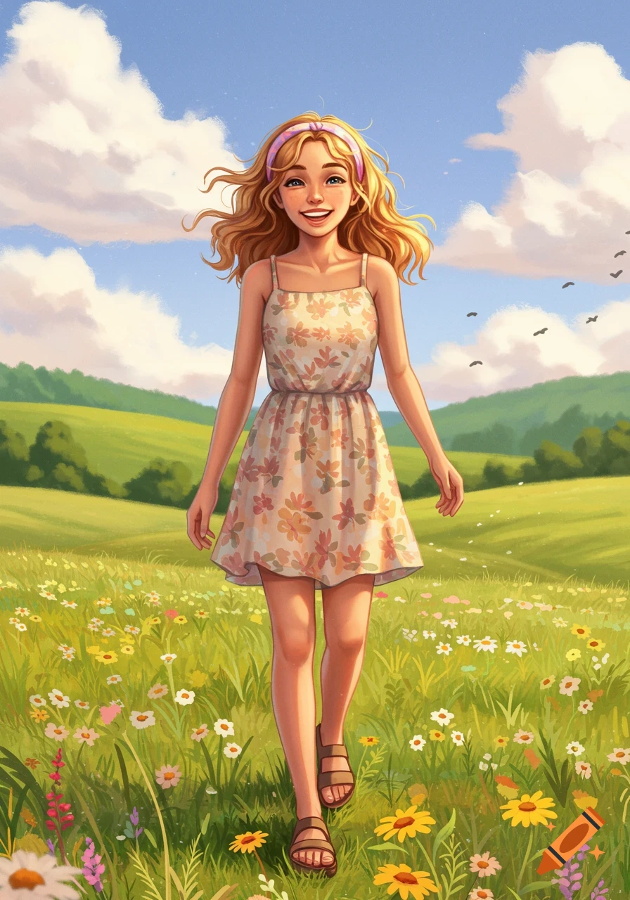 A blonde woman in a floral sundress walks through a field of wildflowers under a sunny sky in an animated style.