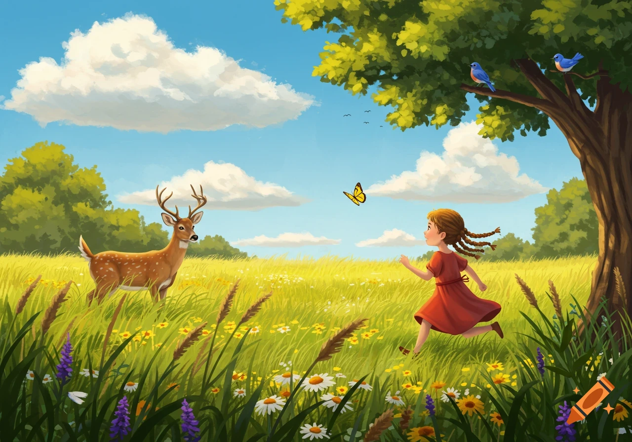 A whimsical illustration of a girl in a red dress chasing a yellow butterfly in a sunny meadow with a deer and bluebirds.