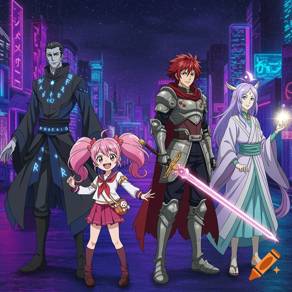 Four anime characters, including a knight, a wizard, and a schoolgirl, stand in front of a neon-lit futuristic city.