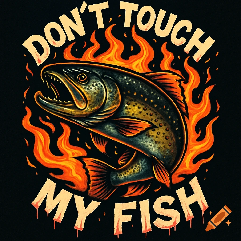 A graphic design illustration of a menacing trout engulfed in orange and yellow flames, with the text 'DON'T TOUCH MY FISH'.