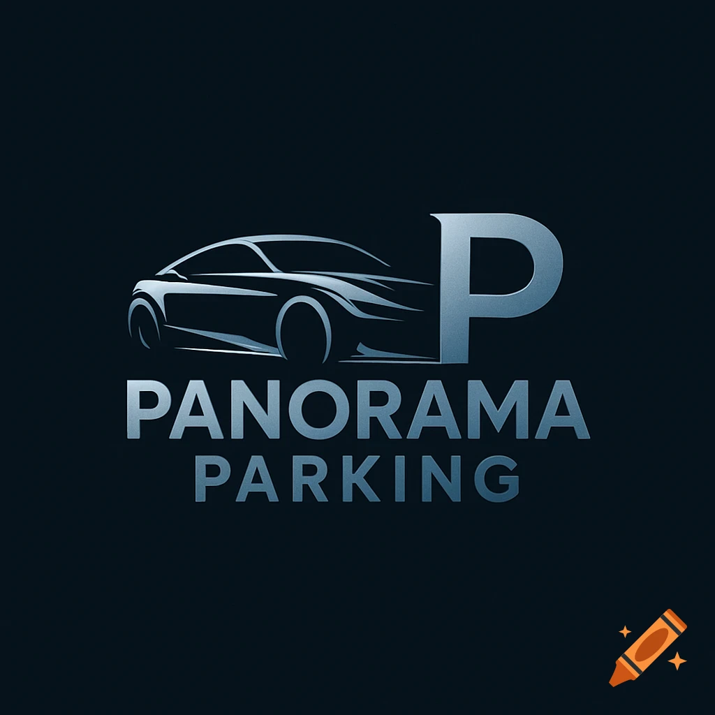 A logo featuring a stylized silver car on a dark background, merging into a large 'P' before the words 'PANORAMA PARKING'.
