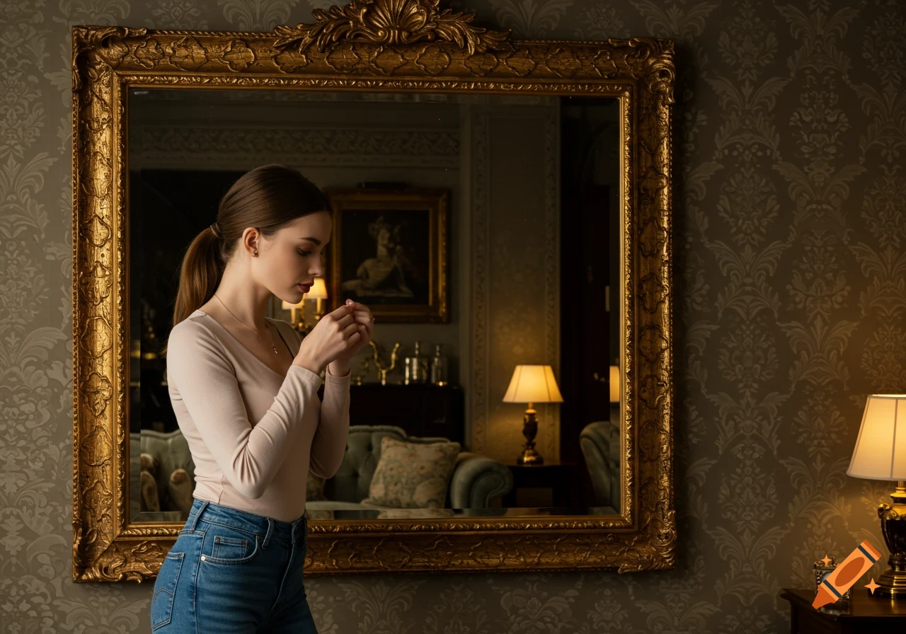 A young woman in jeans and a top stands before a large ornate mirror reflecting a luxurious living room.