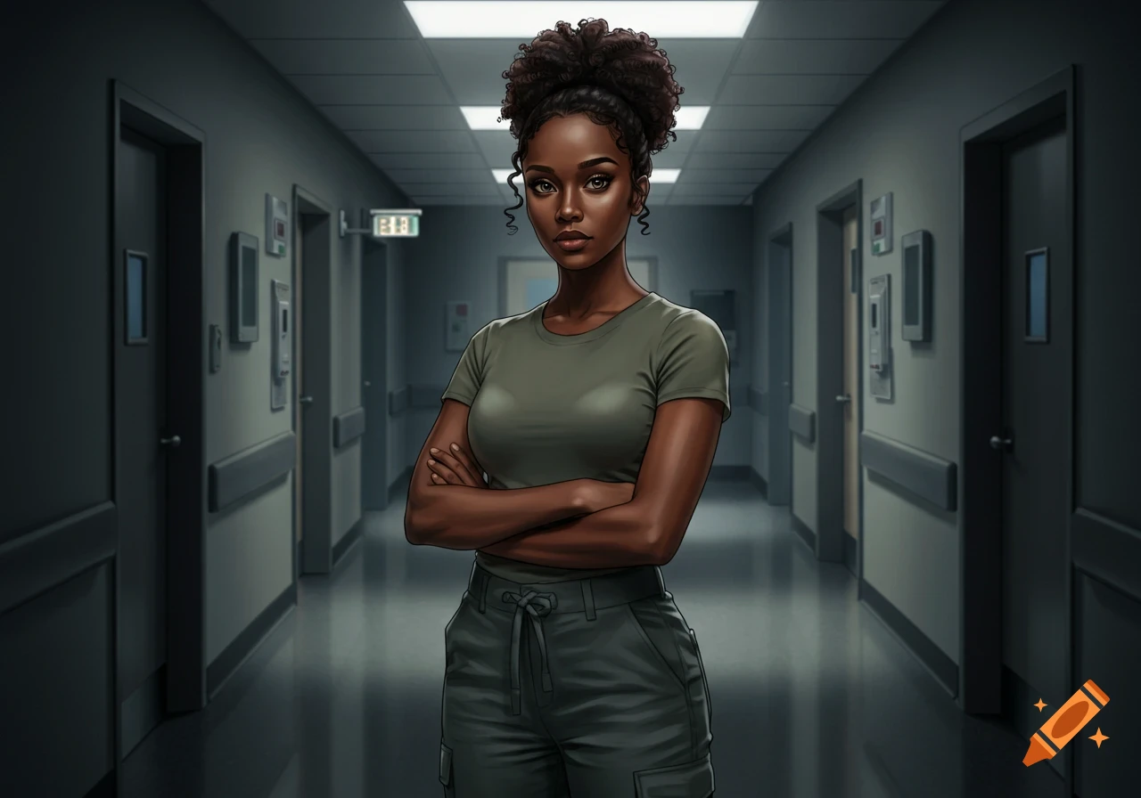 A photorealistic image of a Black woman with curly hair standing confidently with crossed arms in a hospital hallway.