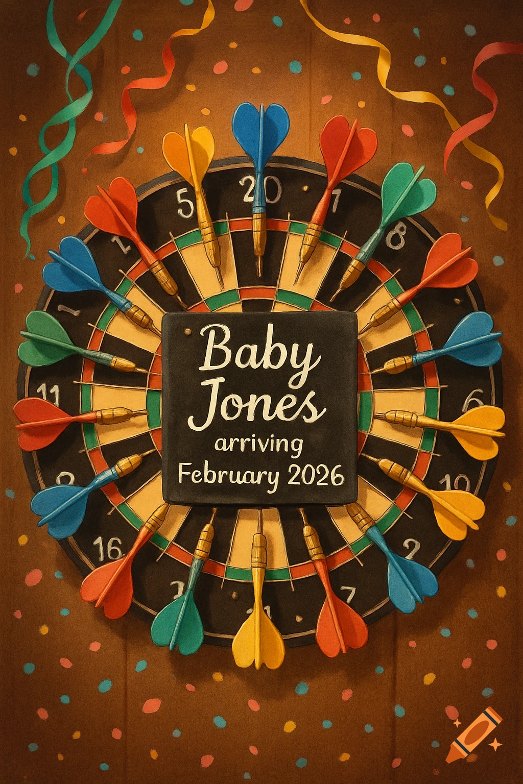 A dartboard with colorful darts stuck in it, featuring a black sign in the center that reads 'Baby Jones arriving February 2026'. Colorful confetti and ribbons decorate the brown background.