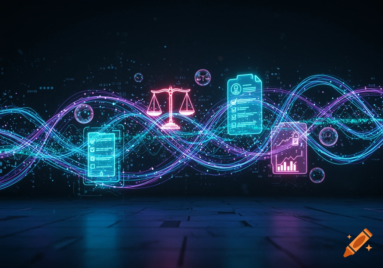A futuristic digital illustration with glowing neon blue and purple data streams, scales of justice, checklists, and forms.