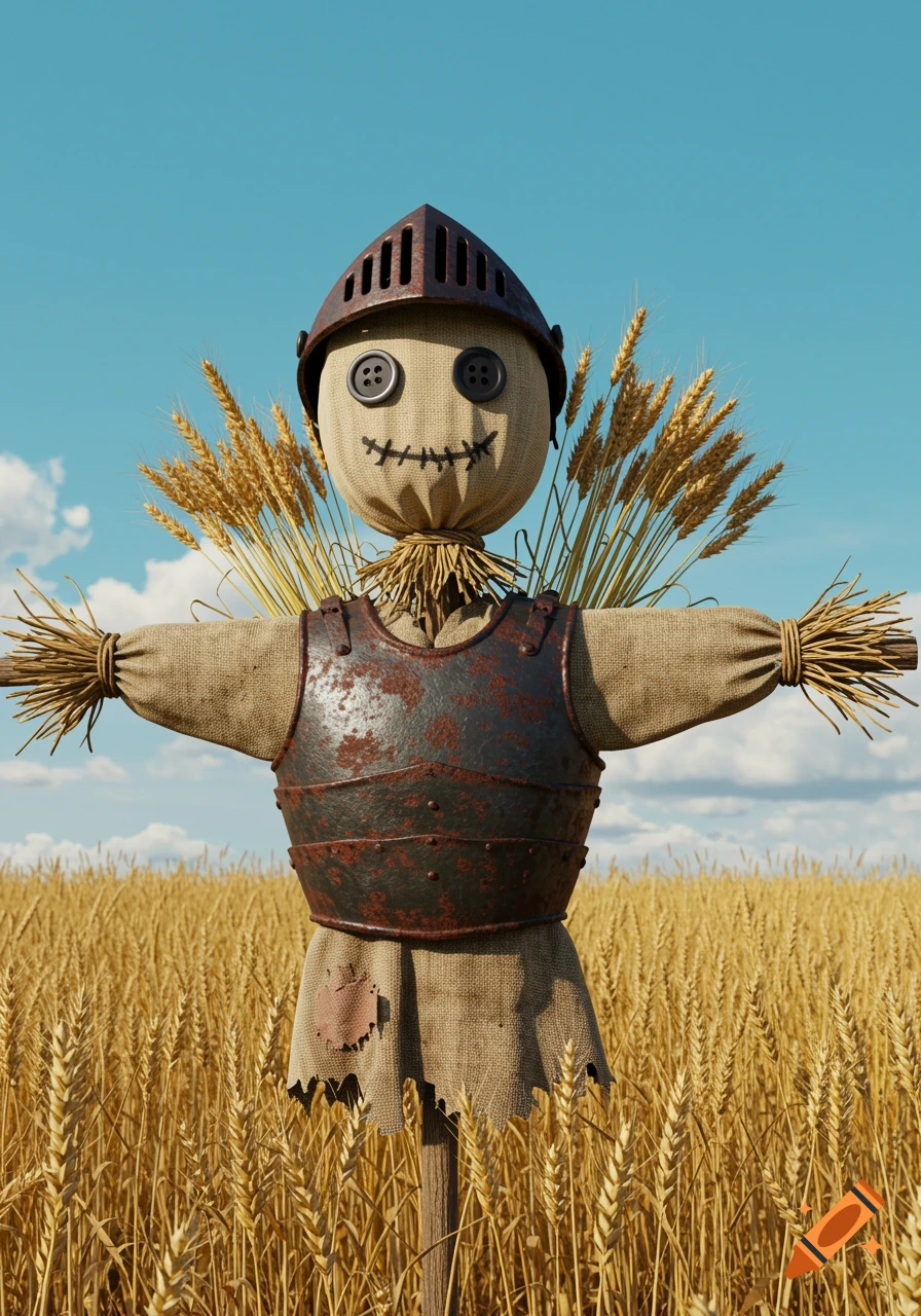 A cute scarecrow wearing a rusty iron chestplate and helmet stands in a golden wheat field under a blue sky, in Ghibli style.
