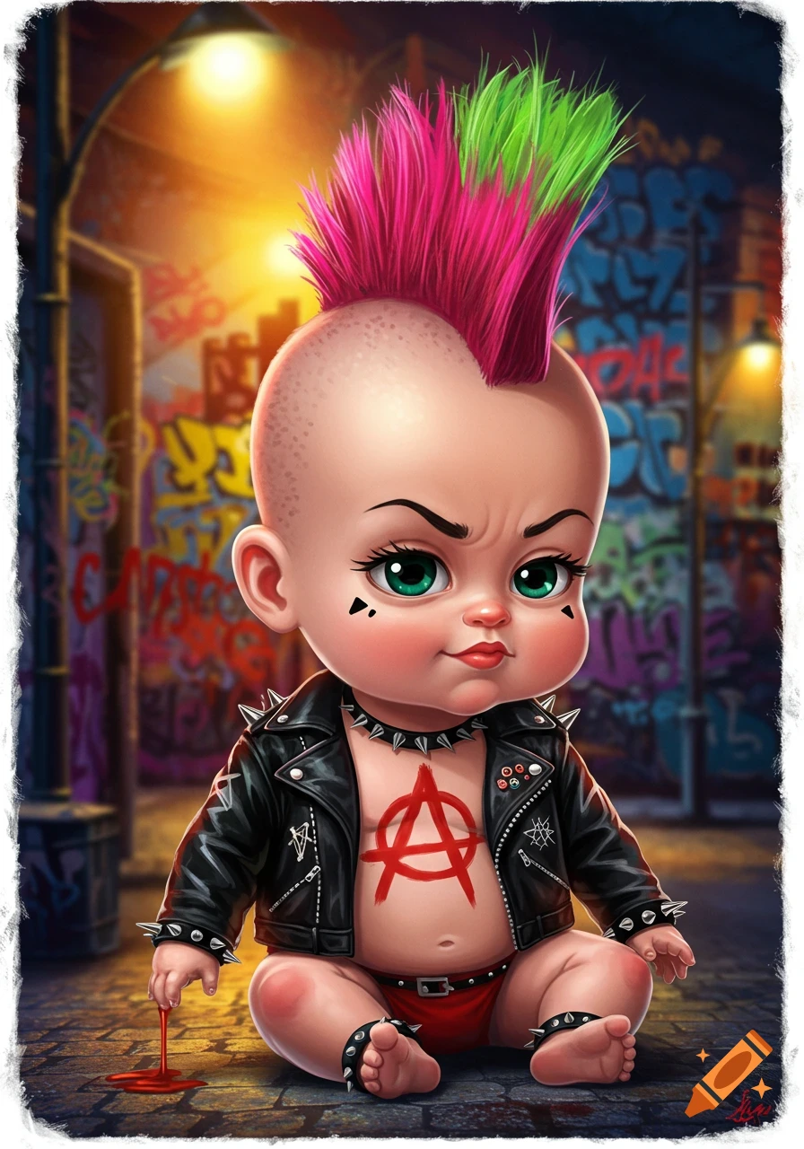 A stylized cartoon baby with a pink and green mohawk, wearing a spiked leather jacket and collar, with an anarchy symbol painted on its belly, sitting in a graffiti-covered alley.