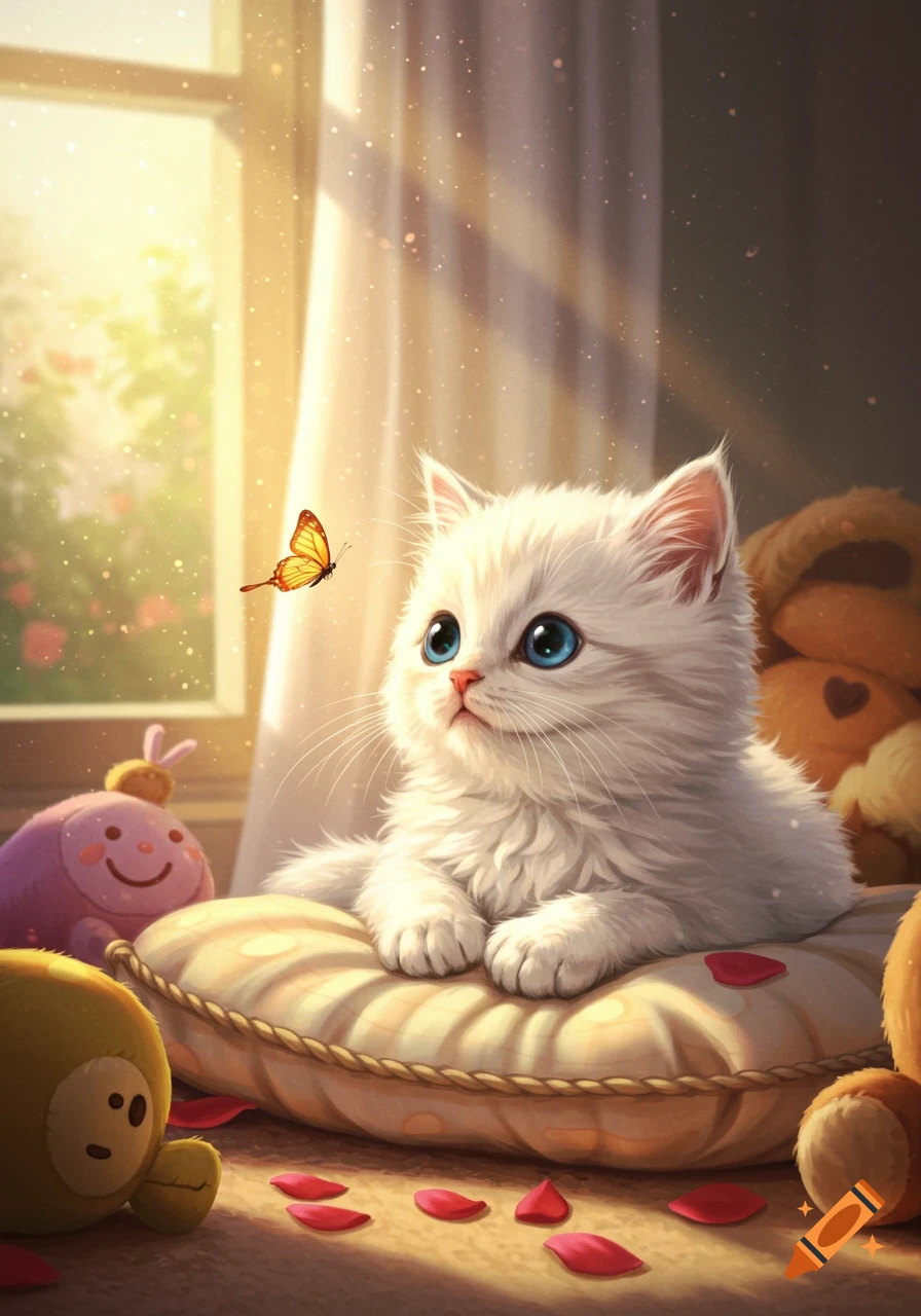 A fluffy white kitten with large blue eyes sits on a pillow, looking at an orange butterfly by a sunlit window.
