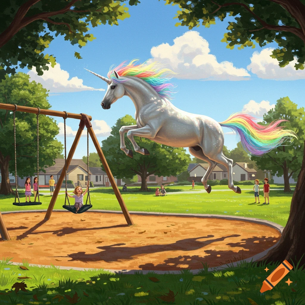 A majestic white unicorn with a rainbow mane and tail leaps over a swing set in a sunny park where children are playing.