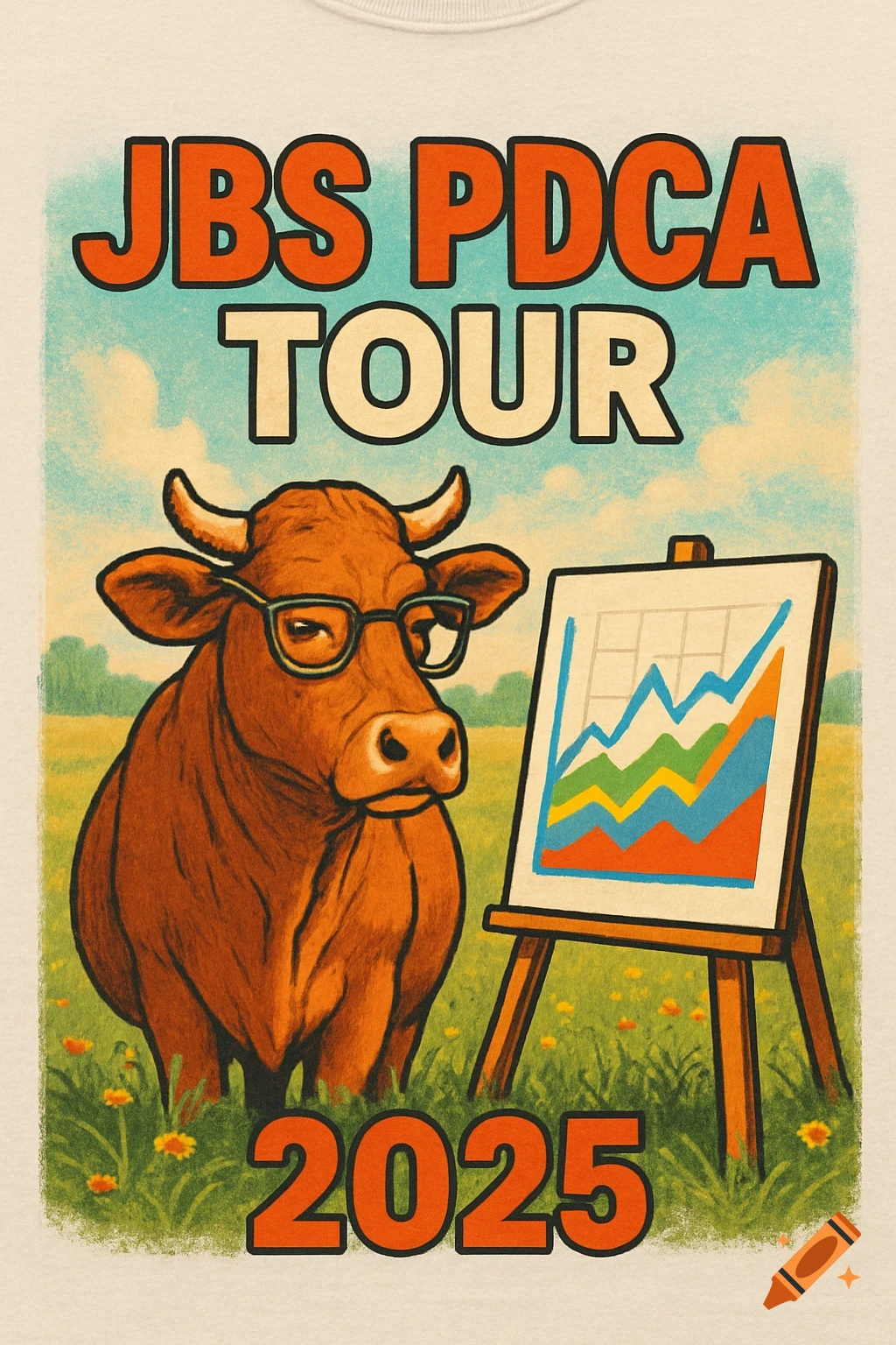 A retro-style t-shirt design depicts a brown cow wearing glasses next to a chart in a grassy field, with text JBS PDCA TOUR 2025.
