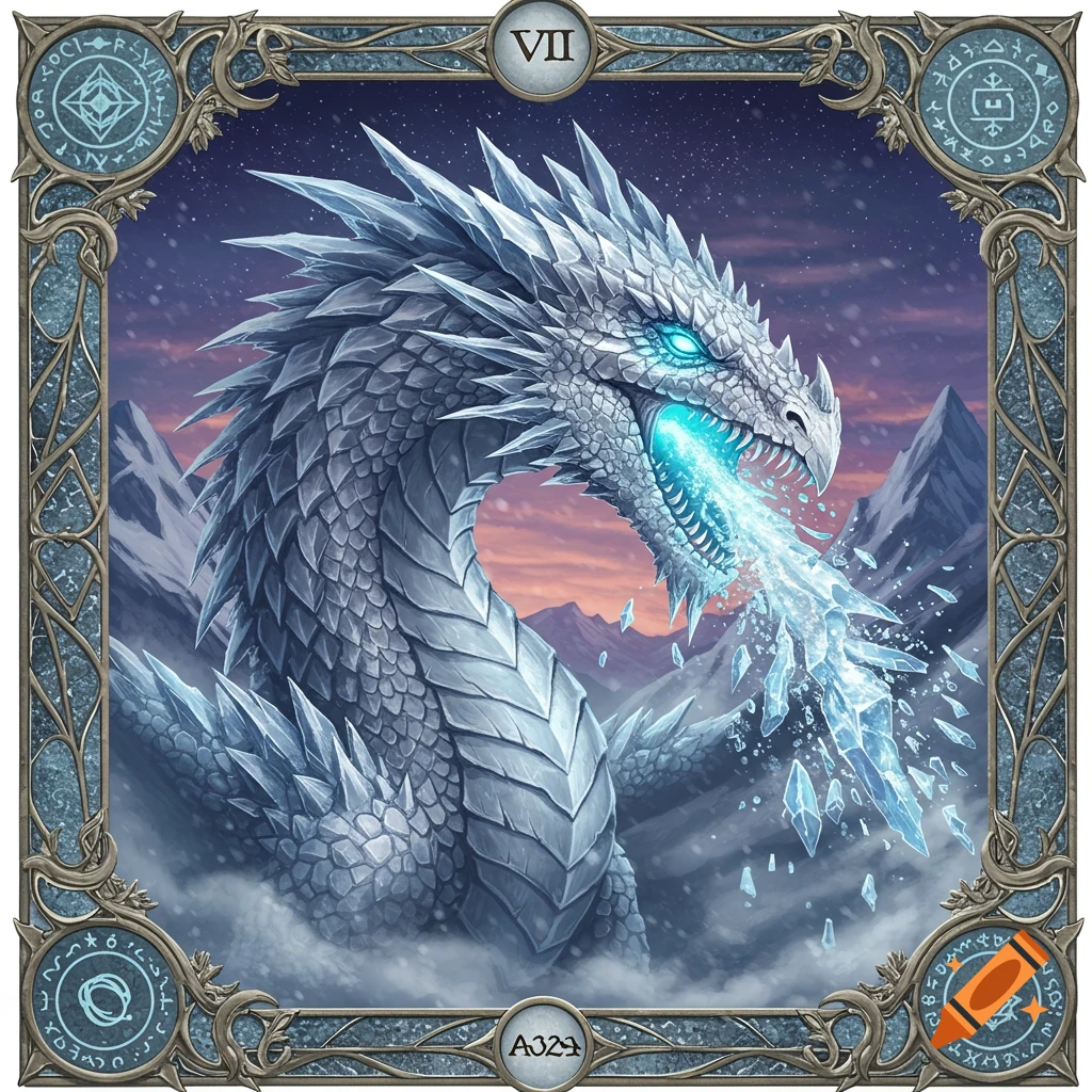 A detailed fantasy card featuring a white ice dragon with glowing blue eyes, breathing a blast of ice shards, set against a snowy mountain backdrop.