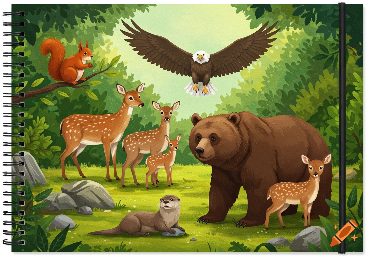 Cartoon illustration of various forest animals including a bear, deer, squirrel, otter, and eagle in a lush green forest environment.