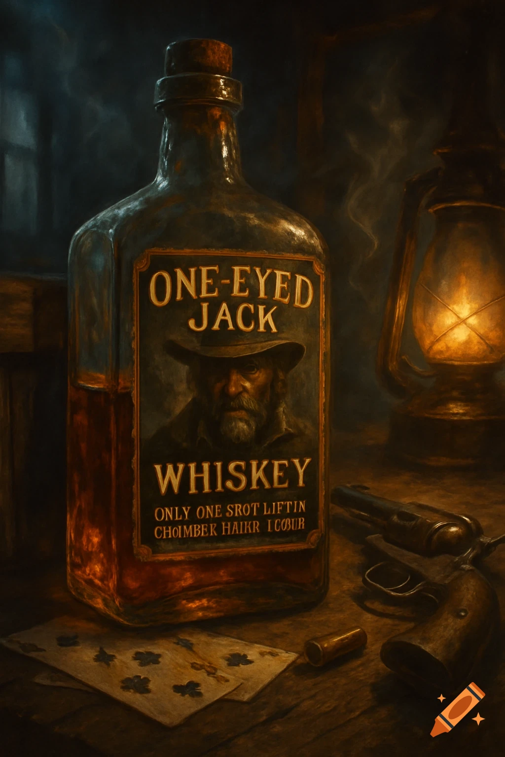 A vintage 'One-Eyed Jack Whiskey' bottle, revolver, and playing cards on a wooden table, illuminated by a lantern, in a dark, painterly Western style.
