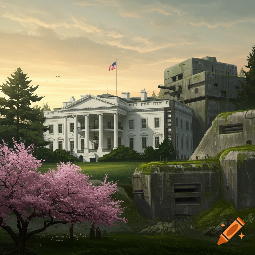 The White House with a large, moss-covered concrete bunker attached to its right side, under a dramatic sky with cherry blossoms in the foreground.