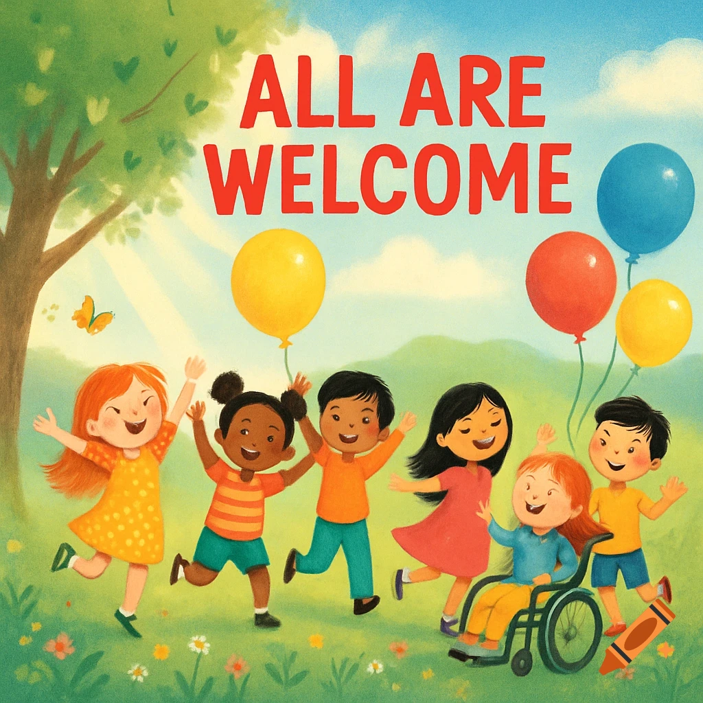 Children's illustration of diverse kids playing in a sunny park with balloons and a tree, text says "ALL ARE WELCOME".