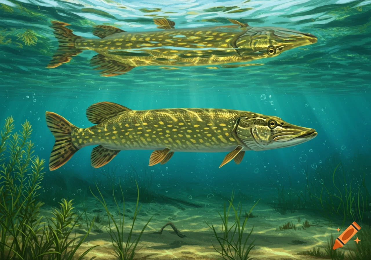 Two pike fish swim underwater, one reflecting on the surface, with aquatic plants and light rays.