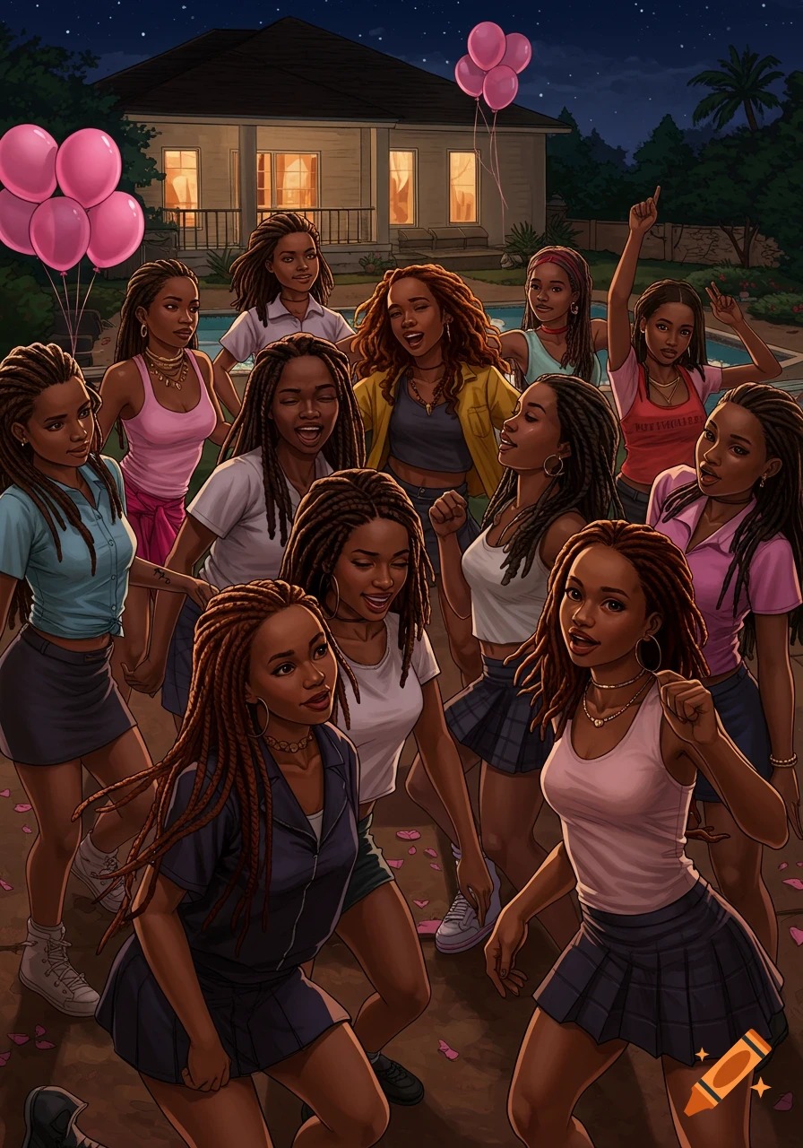 A stylized illustration of a group of African teenage girls with long dreadlocks dancing at a nighttime house party with pink balloons and a pool in the background.