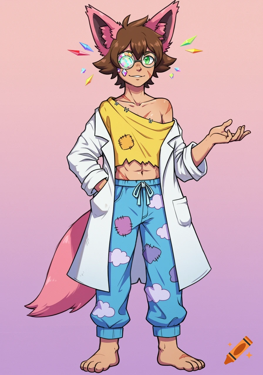 An anime-style character with brown hair, pink animal ears and tail, wearing a lab coat, ripped yellow shirt, and cloud-patterned pajamas.