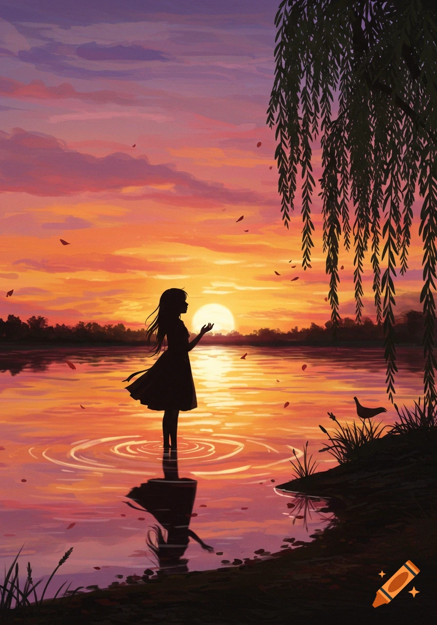 A girl's silhouette stands in a lake at sunset, with a willow tree, reflecting the colorful sky, in an anime style.