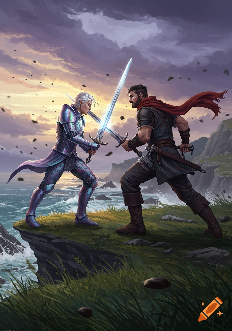 Two warriors, one in iridescent armor and one in dark leather, engage in a sword fight on a stormy cliff overlooking the sea.