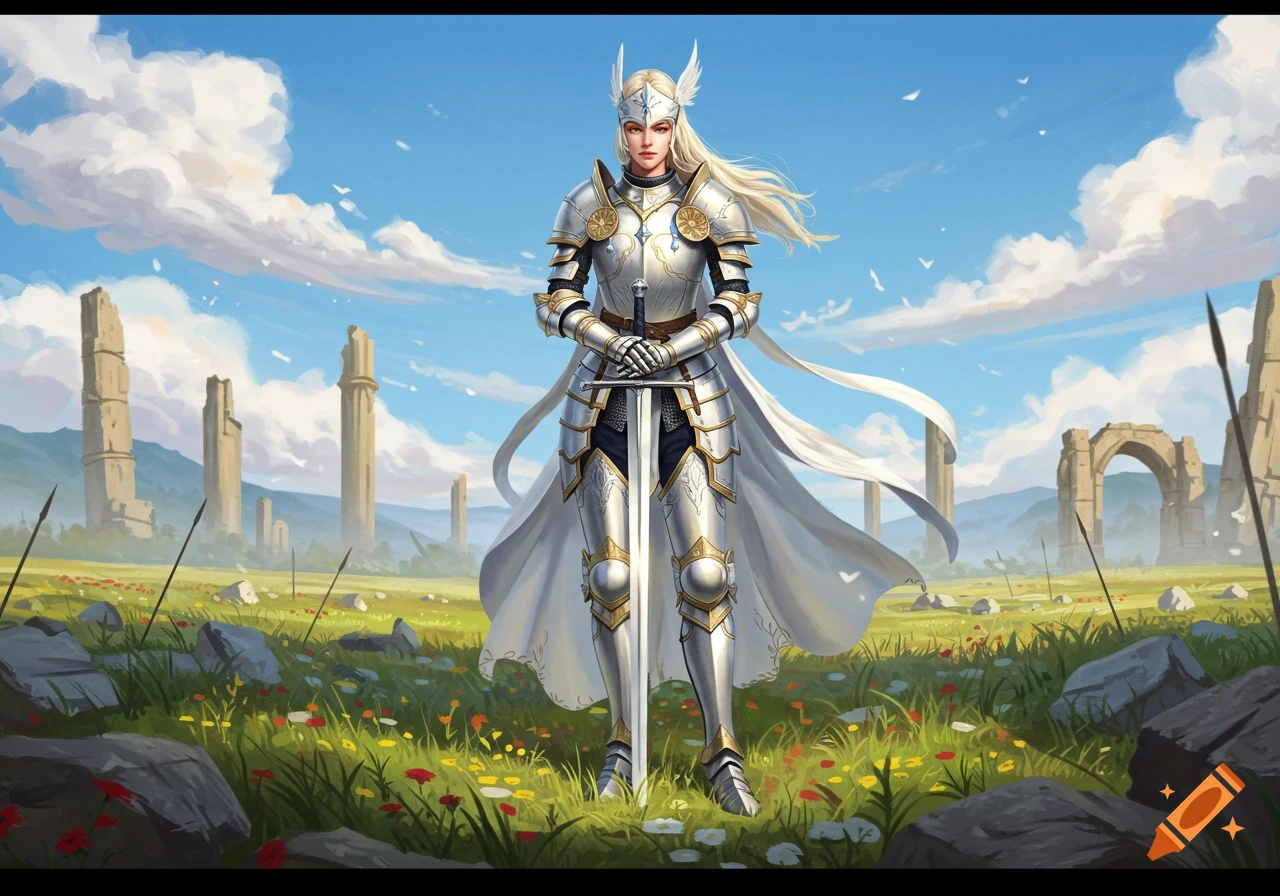 A female knight in white and gold armor stands in a field of wildflowers with ancient ruins under a blue sky, holding a large sword.