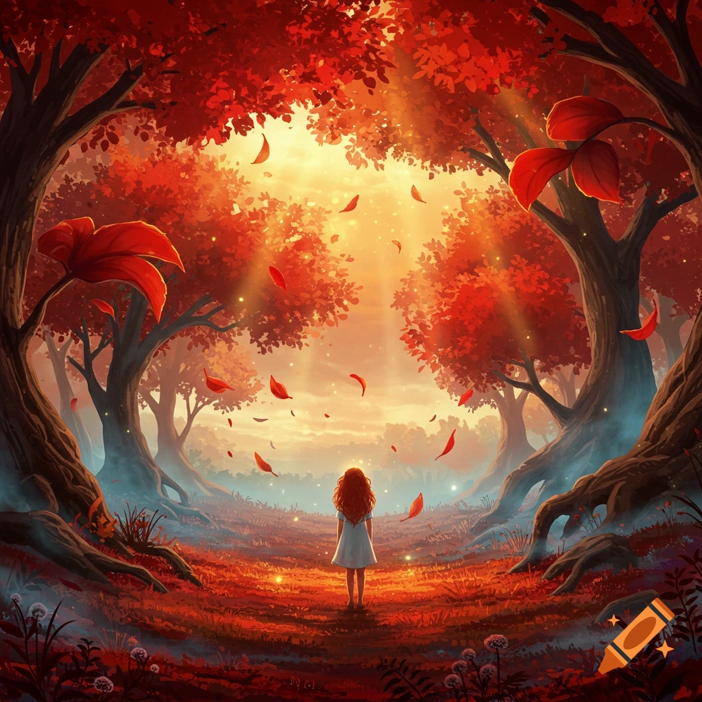 A young girl with red hair stands on a sunlit path in a magical red autumn forest with falling leaves.