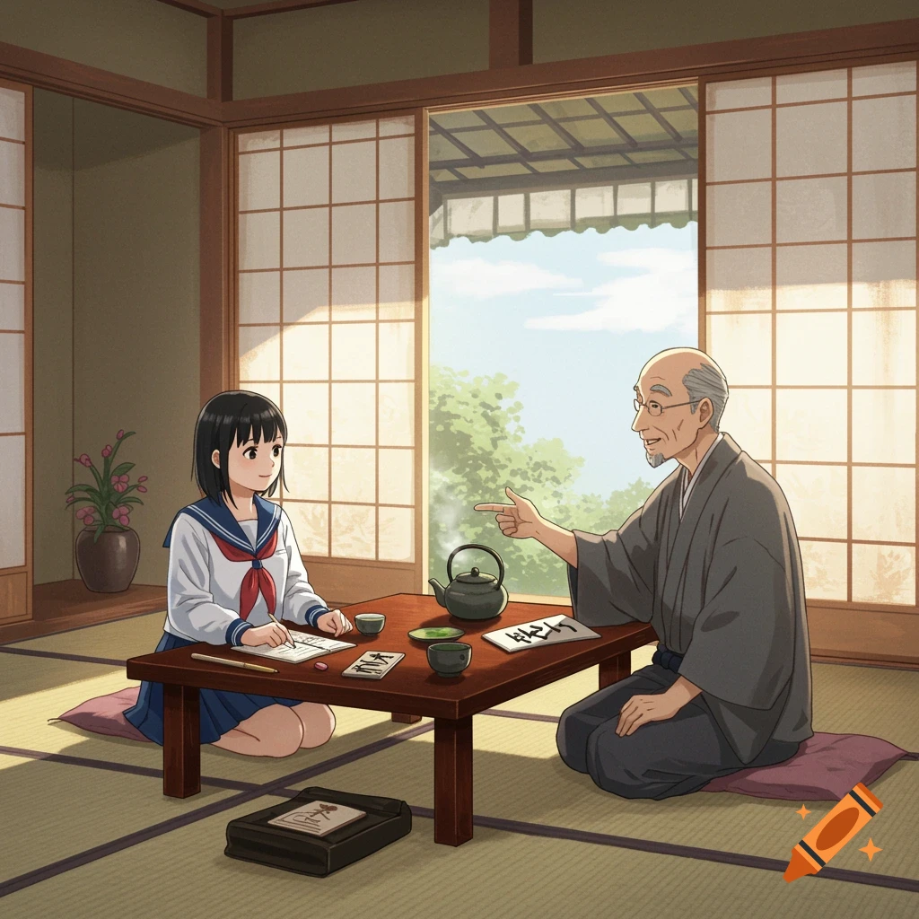 An anime-style image of a Japanese schoolgirl and her elderly male tutor sitting on tatami mats at a low table with tea and calligraphy supplies.
