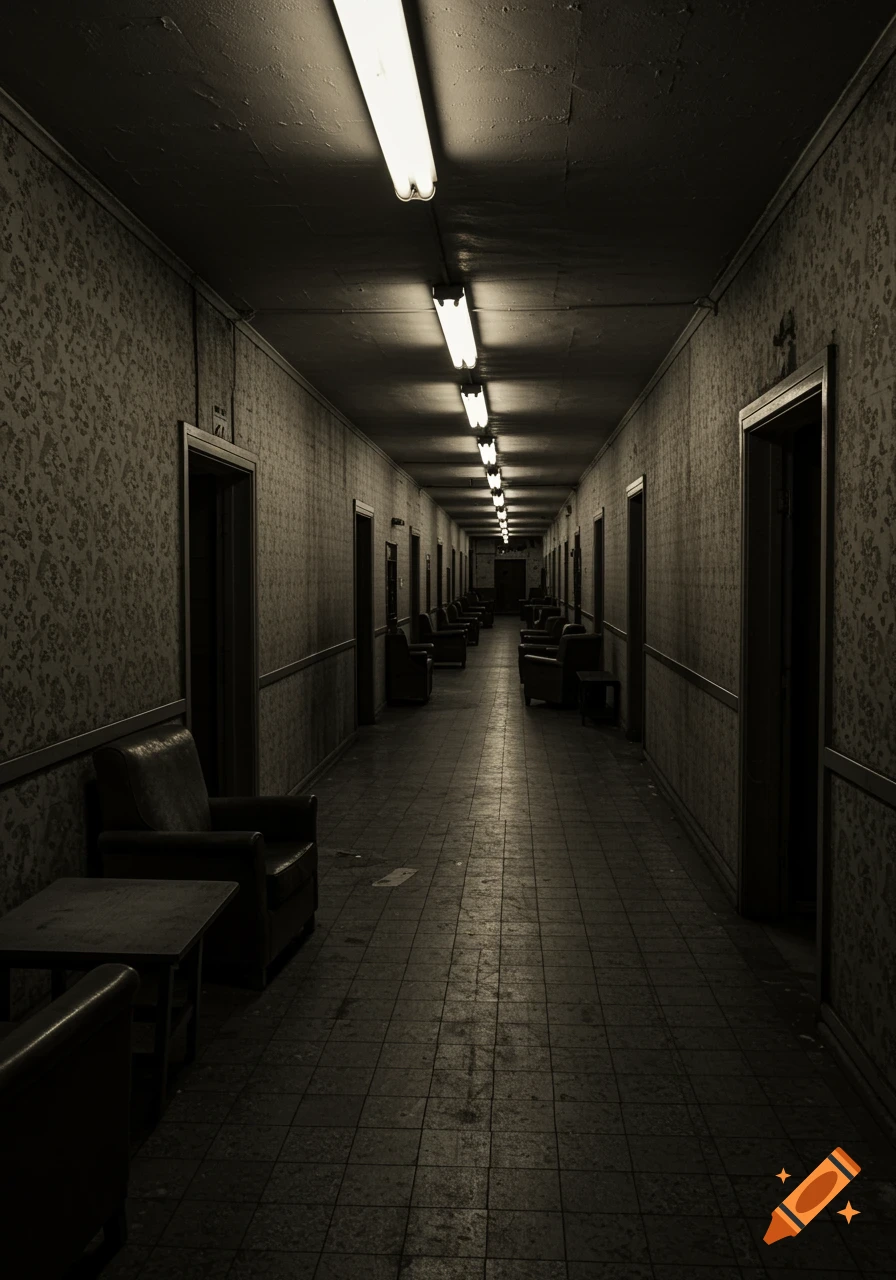Long, dimly lit, vintage hallway with patterned wallpaper and rows of chairs, evoking an eerie atmosphere.