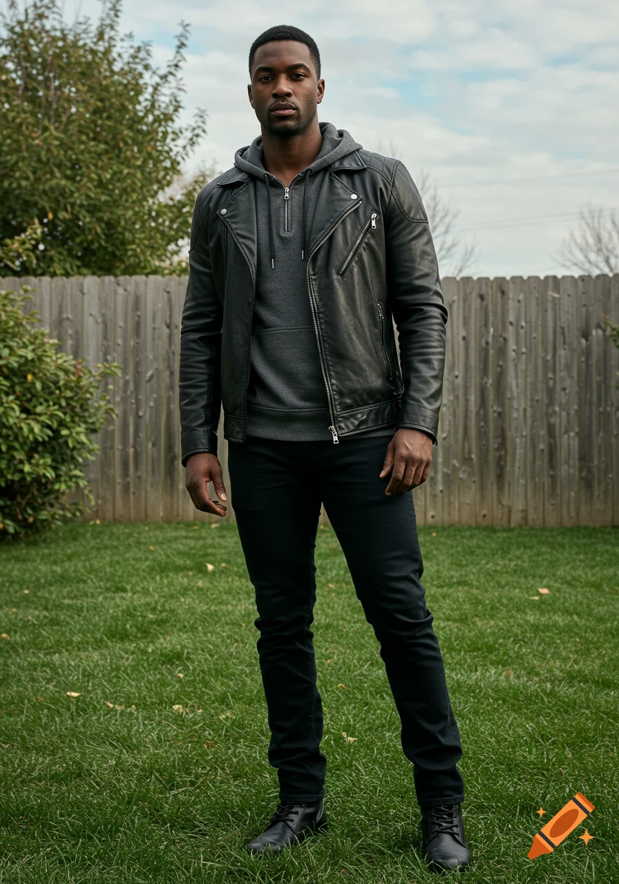 A tall, athletic man in a black leather jacket, charcoal hoodie, dark jeans, and boots stands in a grassy backyard.