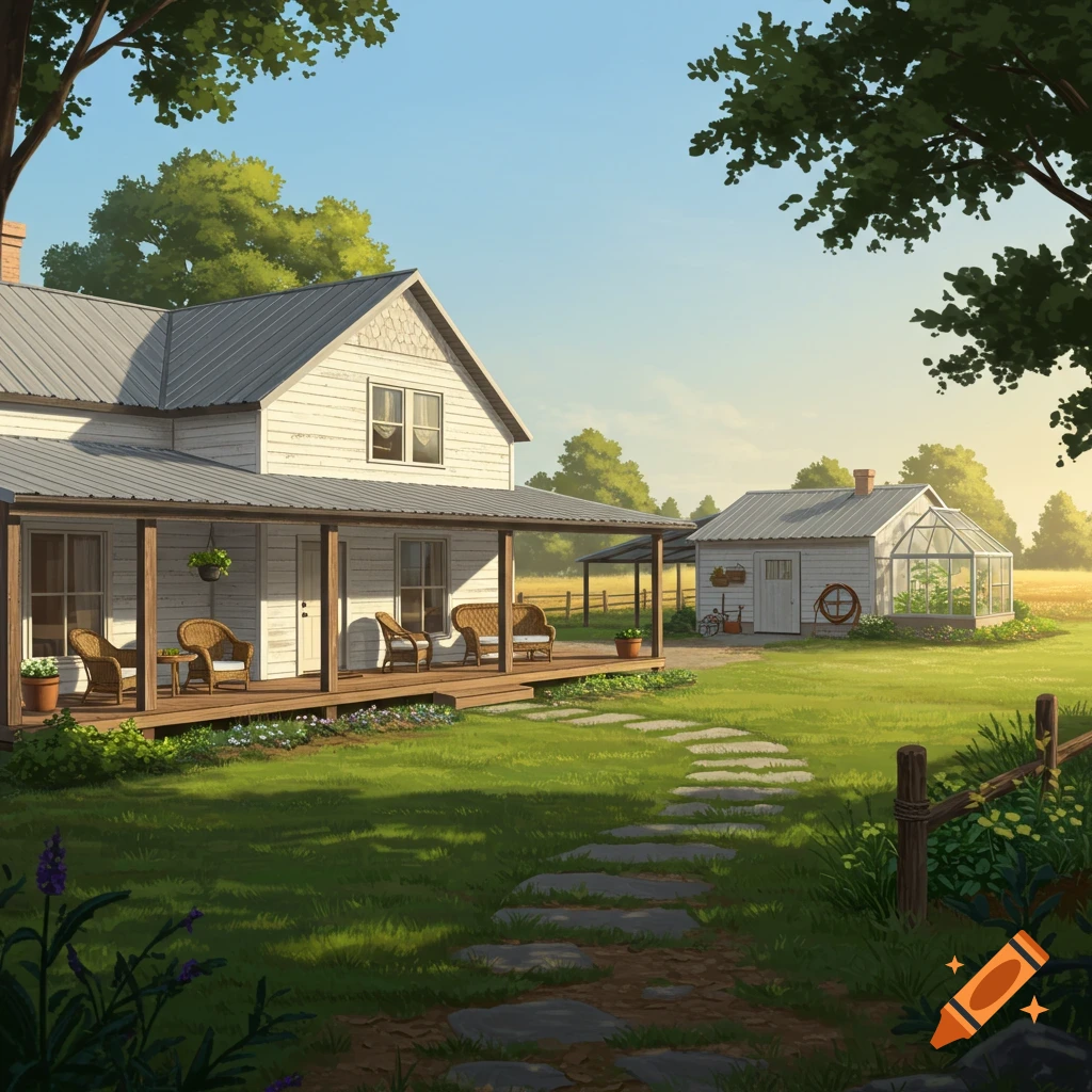 A charming white farmhouse with a large front porch and a stone path, a detached garage, and a greenhouse under a sunny sky.