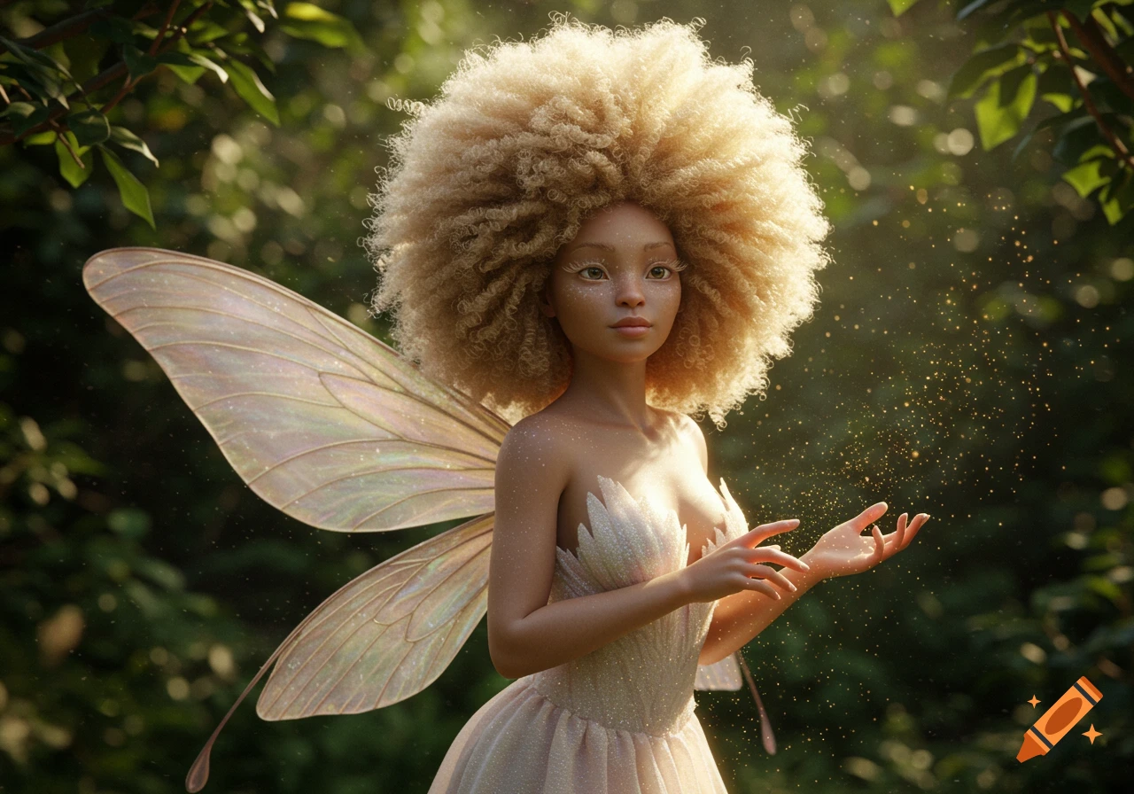 Photorealistic portrait of an albino fairy with blonde afro and iridescent wings, in a sparkling dress in a sunlit forest.